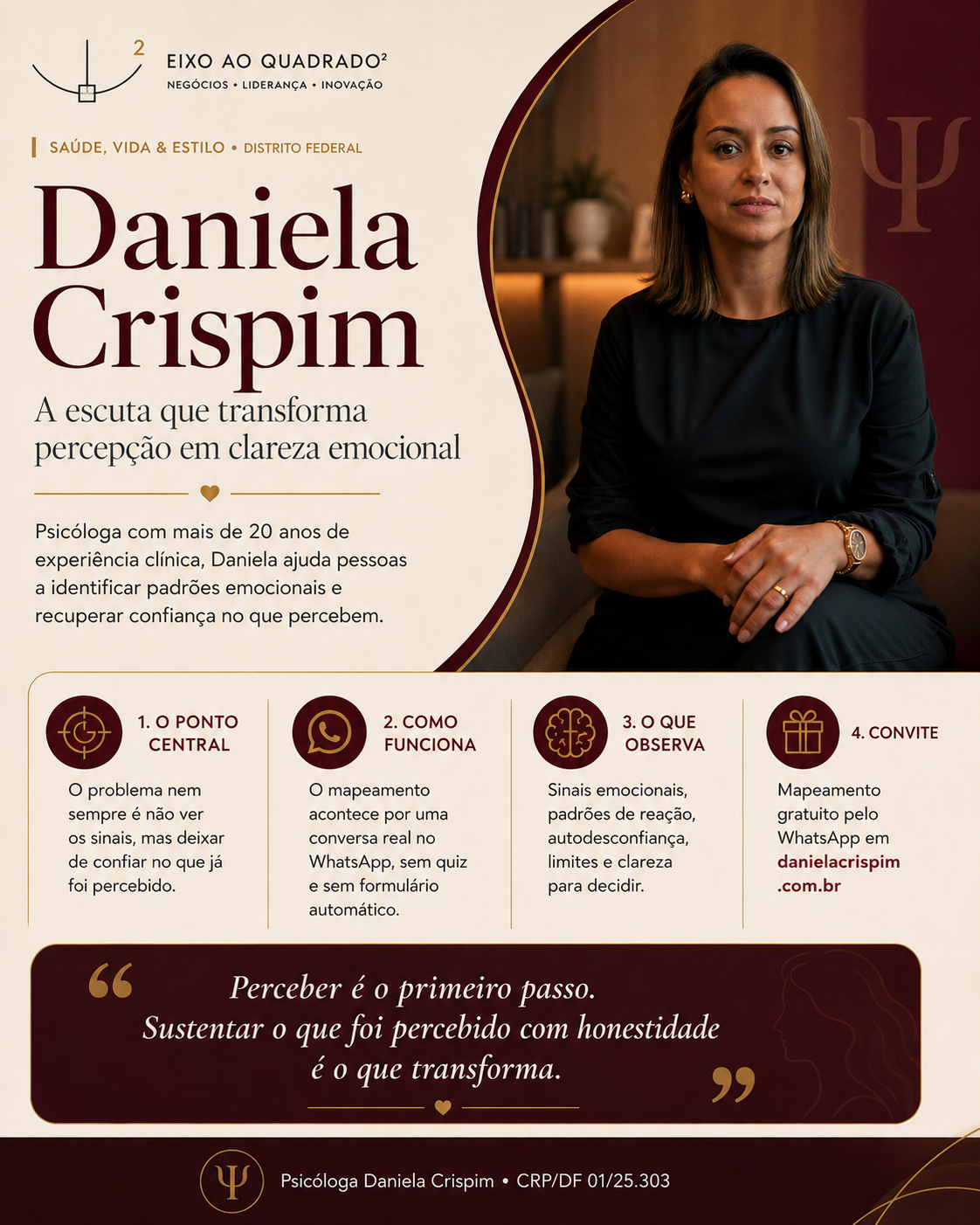 Resumo visual da matéria sobre Daniela Crispim, padrões emocionais e clareza para decidir.