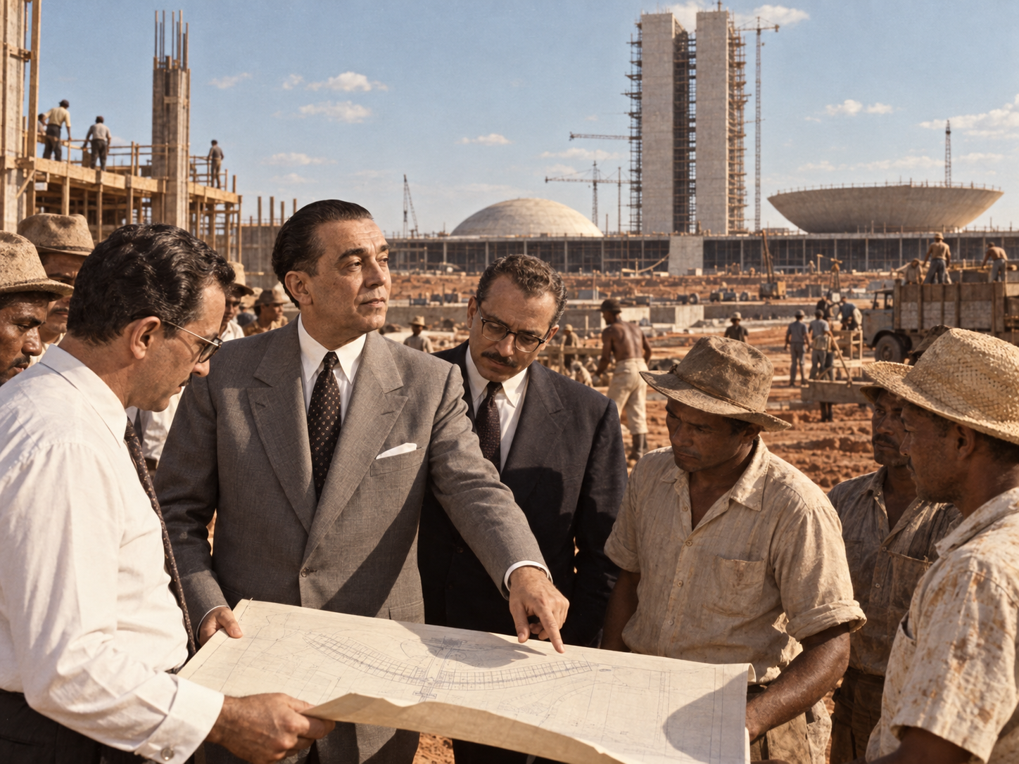 Representação artística de Juscelino Kubitschek acompanhando a construção de Brasília